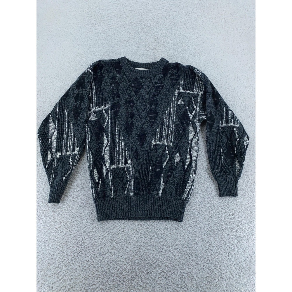 Vintage Michael Gerald Sweater Mens Small Gray Black Geometric Knit Pullover 90s